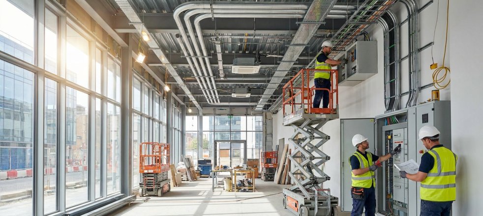 Electricians inspecting wiring and electrical panels inside a commercial building under construction