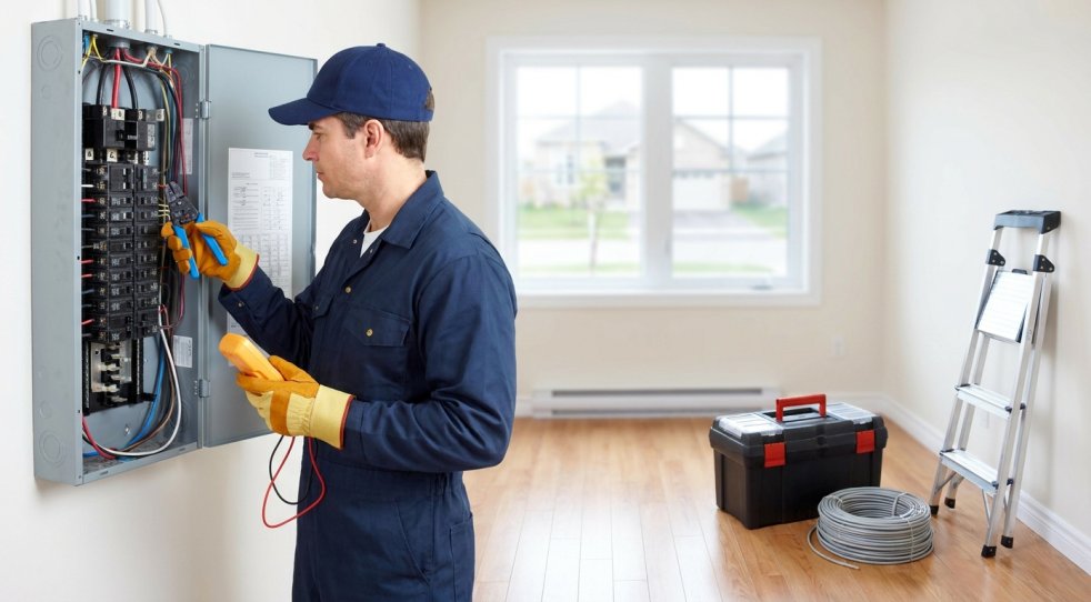 Electrician testing a home circuit breaker panel with tools in a bright room