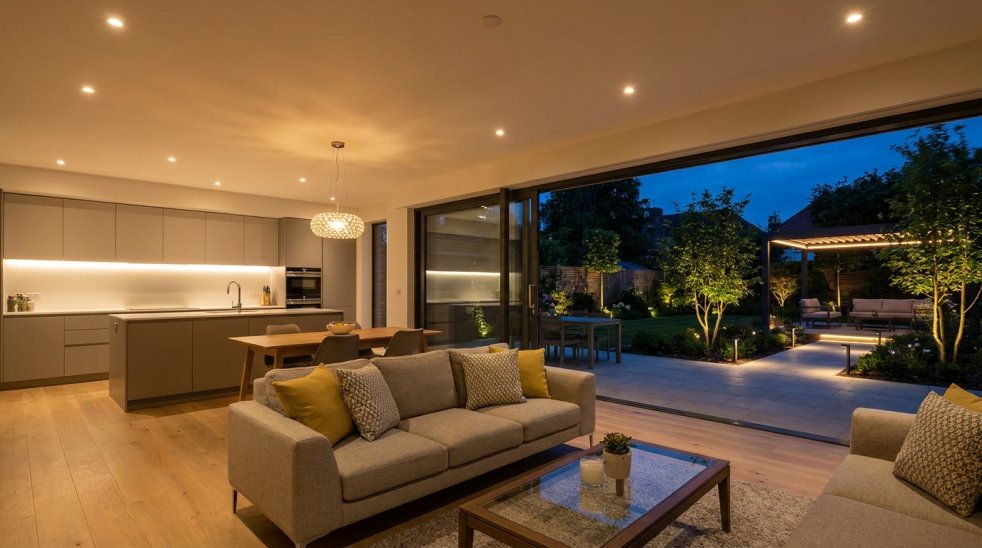 Modern kitchen and living room with recessed lights opening to a lit backyard patio at dusk