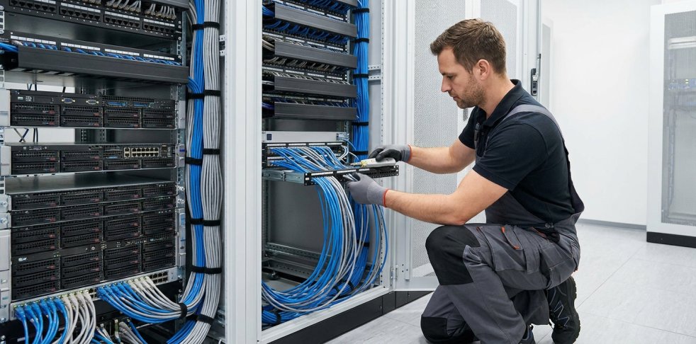 Technician connecting network cables in a server room rack setup