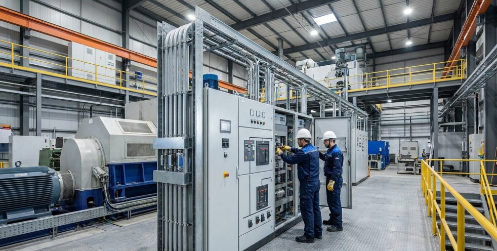 Industrial electricians inspecting a control panel in a factory