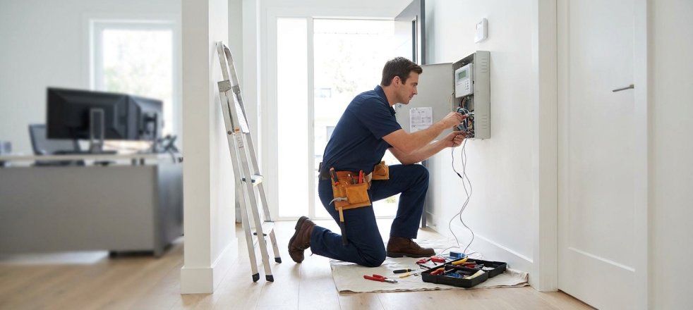 Technician repairing a home security alarm panel in a hallway with tools nearby