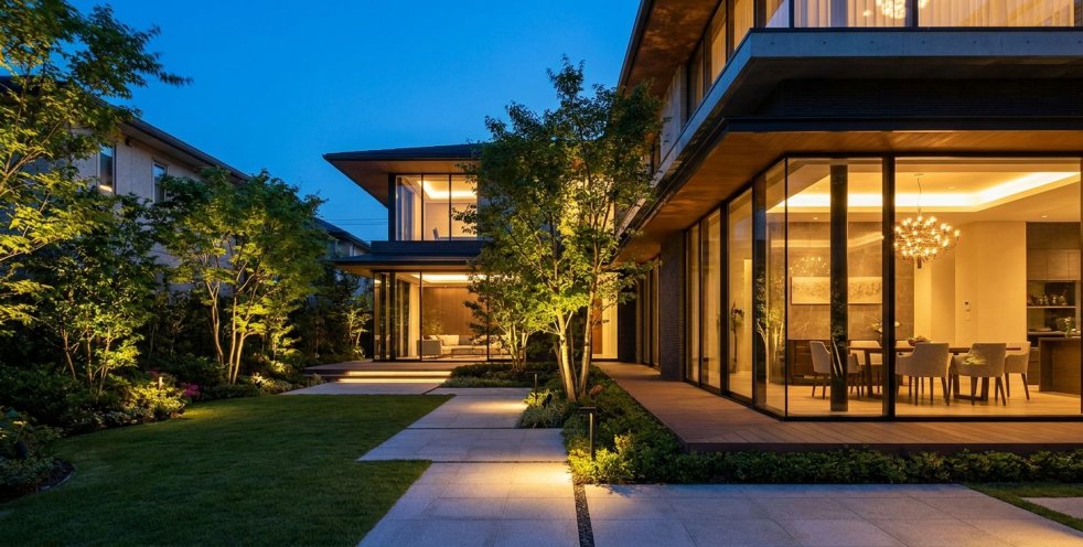 Modern home exterior with landscaped garden and warm interior lighting at dusk