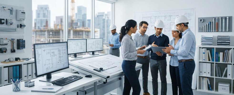 Electrical engineers reviewing building plans in a modern office with design monitors and hard hats