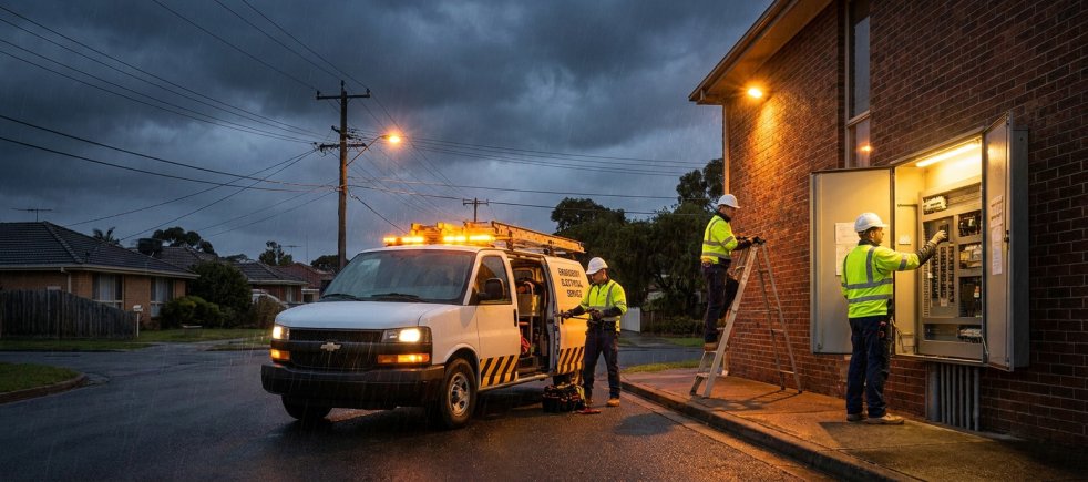 Electricians repairing an outdoor electrical panel beside a utility van at a brick building at night