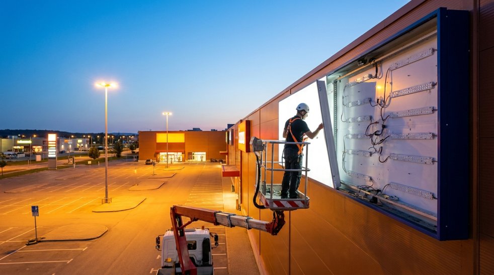 Electrician repairing a large illuminated storefront sign from a lift in a parking lot at dusk